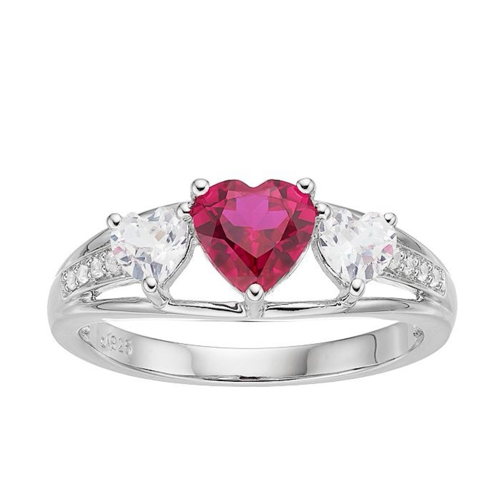 Sterling Silver Lab Ruby & White Sapphire Triple Heart Ring - Size 5.75